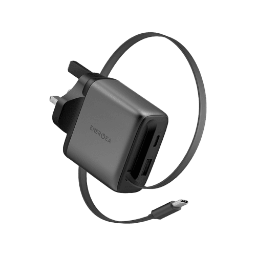 Energea Ampcharge Arc 65 1-Port USB-C, 1-Port USB-A & 1-USB-C Retractable Cable 65W GaN Wall Charger - Gunmetal