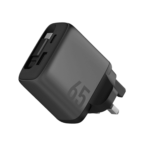 Energea Ampcharge Arc 65 1-Port USB-C, 1-Port USB-A & 1-USB-C Retractable Cable 65W GaN Wall Charger - Gunmetal