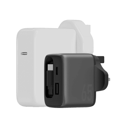 Energea Ampcharge Arc 65 1-Port USB-C, 1-Port USB-A & 1-USB-C Retractable Cable 65W GaN Wall Charger - Gunmetal