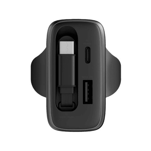 Energea Ampcharge Arc 65 1-Port USB-C, 1-Port USB-A & 1-USB-C Retractable Cable 65W GaN Wall Charger - Gunmetal