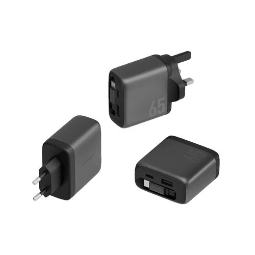 Energea Ampcharge Arc 65 1-Port USB-C, 1-Port USB-A & 1-USB-C Retractable Cable 65W GaN Wall Charger - Gunmetal