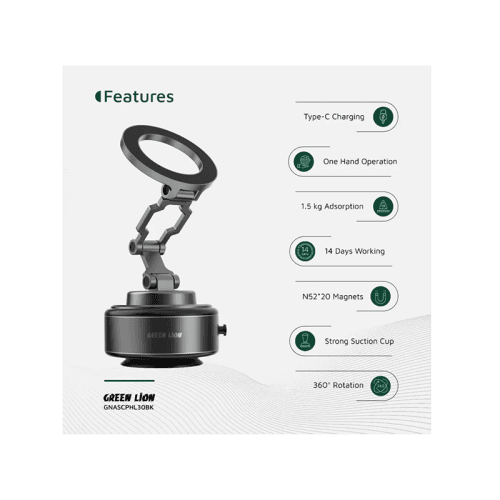 Green Lion GX-30 360° Rotation MagSafe Auto Suction Phone Holder - Matte Black