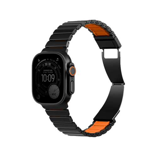Uniq Strova Flex Self-Adjustable Steel Link Band for Apple Watch 49/46/45/44mm - Titanium Silver / Lime Green