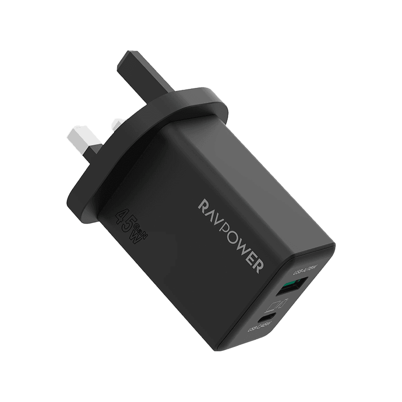 RavPower 1-Port USB-C and 1-Port USB-A PD 45W GaN Wall Charger - Black