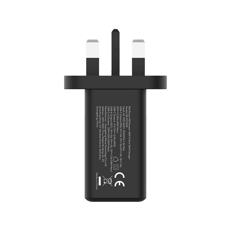 RavPower 1-Port USB-C and 1-Port USB-A PD 45W GaN Wall Charger - Black