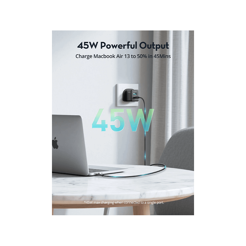RavPower 1-Port USB-C and 1-Port USB-A PD 45W GaN Wall Charger - Black