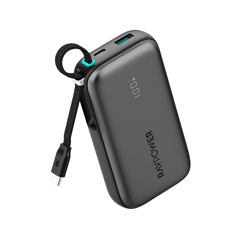 RavPower 1-Port USB-C and 1-Port USB-A PD 45W With Built-In USB-C Cable 10000mAh Power Bank - Black