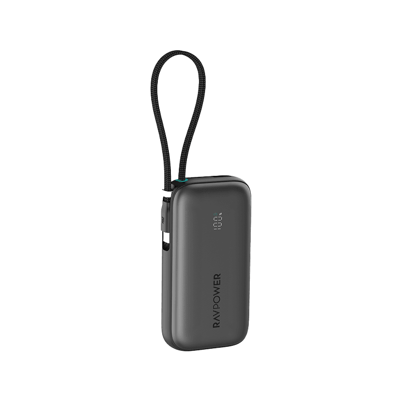 RavPower 1-Port USB-C and 1-Port USB-A PD 45W With Built-In USB-C Cable 10000mAh Power Bank - Black