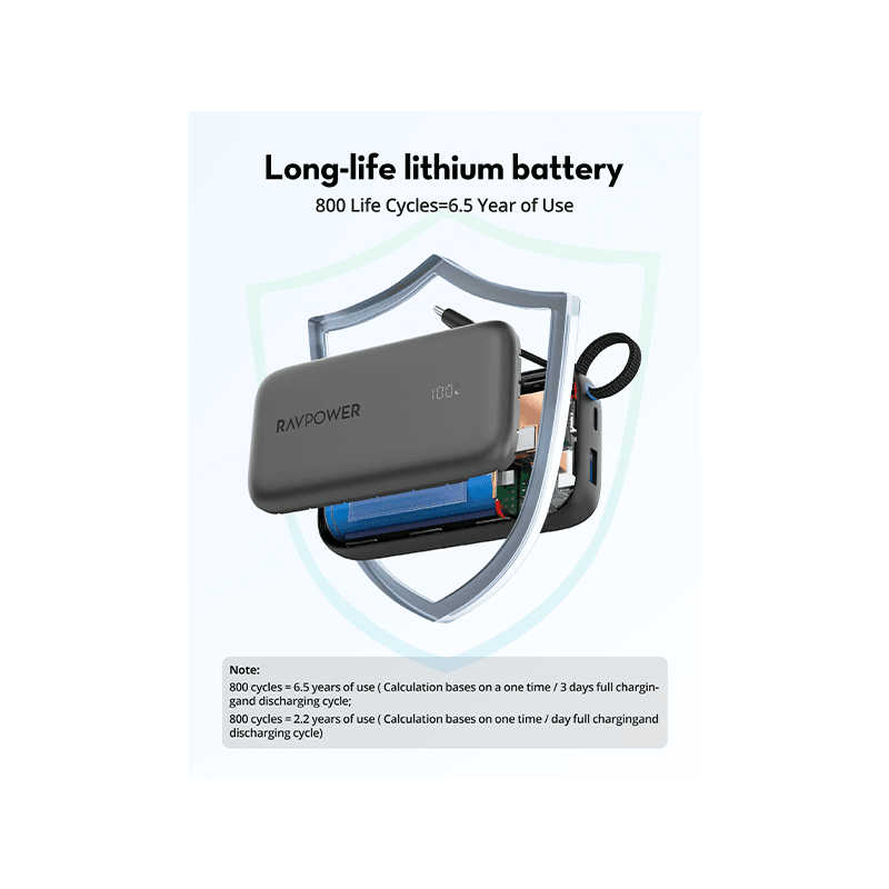 RavPower 1-Port USB-C and 1-Port USB-A PD 45W With Built-In USB-C Cable 10000mAh Power Bank - Black