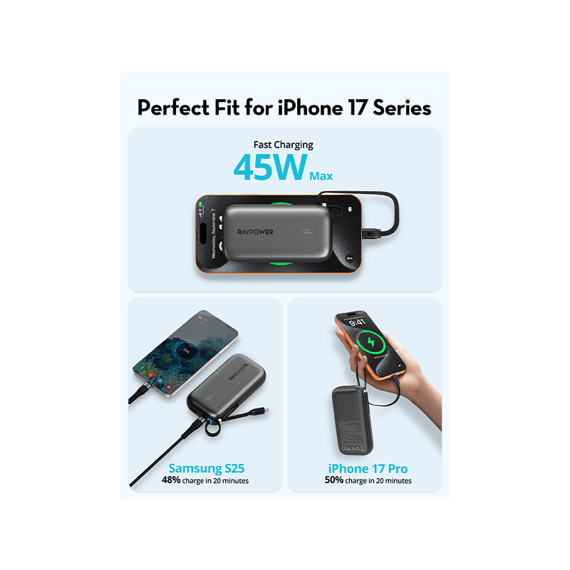 RavPower 1-Port USB-C and 1-Port USB-A PD 45W With Built-In USB-C Cable 10000mAh Power Bank - Black
