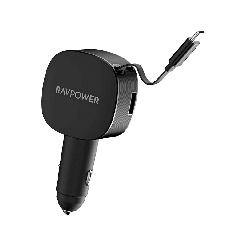 RavPower 1-Port USB-C and 1-Port USB-A PD 60W Car Charger With build in USB-C Cable - Black