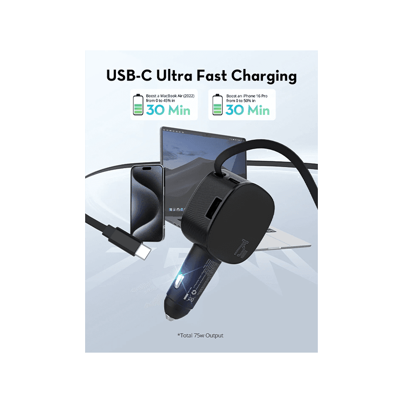 RavPower 1-Port USB-C and 1-Port USB-A PD 60W Car Charger With build in USB-C Cable - Black