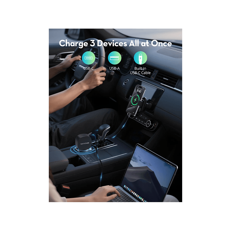 RavPower 1-Port USB-C and 1-Port USB-A PD 60W Car Charger With build in USB-C Cable - Black