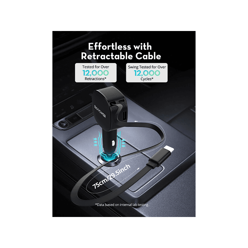 RavPower 1-Port USB-C and 1-Port USB-A PD 60W Car Charger With build in USB-C Cable - Black