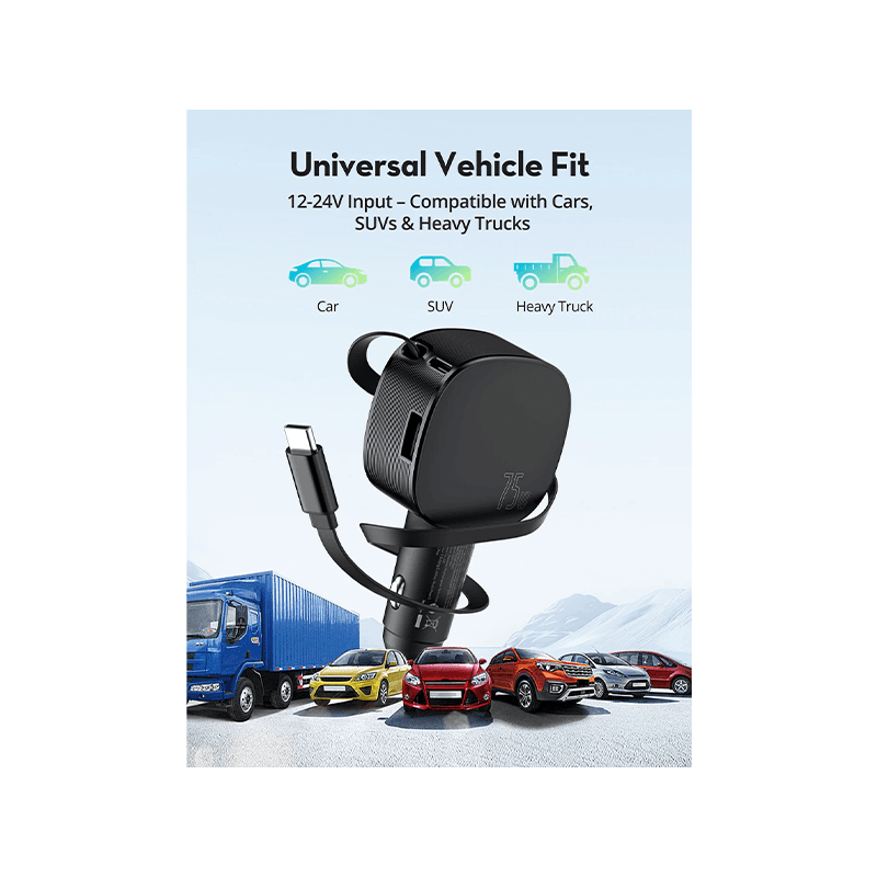 RavPower 1-Port USB-C and 1-Port USB-A PD 60W Car Charger With build in USB-C Cable - Black