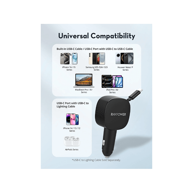RavPower 1-Port USB-C and 1-Port USB-A PD 60W Car Charger With build in USB-C Cable - Black