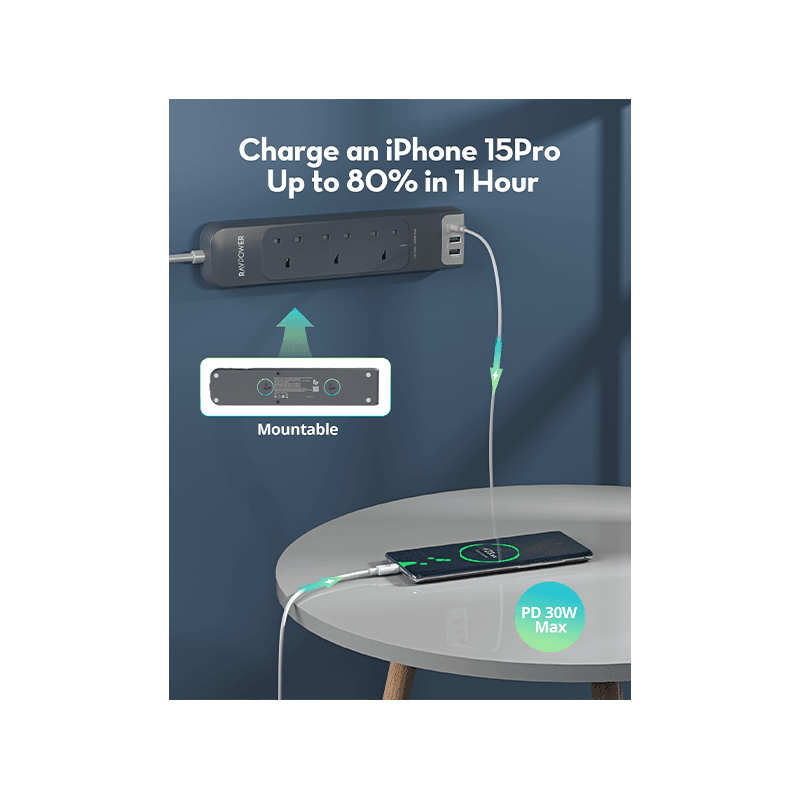 RavPower 1-Port USB-C and 2-Port USB-A PD30 3 AC Multiport Socket With 3M Cable