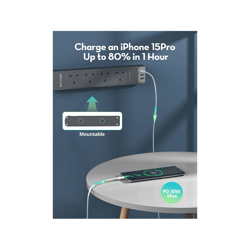 RavPower 1-Port USB-C and 2-Port USB-A PD30 4 AC Multiport Socket With 3M Cable