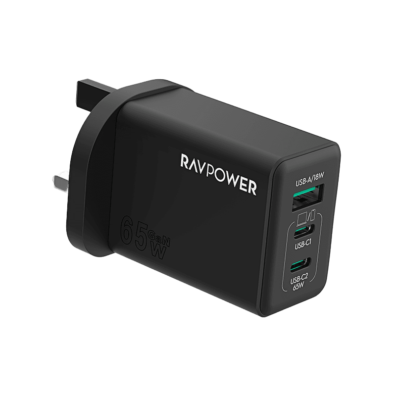 RavPower 2-Port USB-C and 1-Port USB-A PD 65W GaN Wall Charger - Black