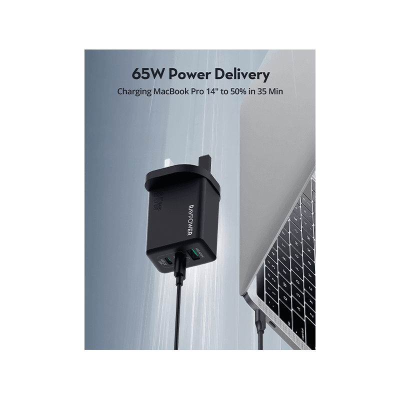 RavPower 2-Port USB-C and 1-Port USB-A PD 65W GaN Wall Charger - Black