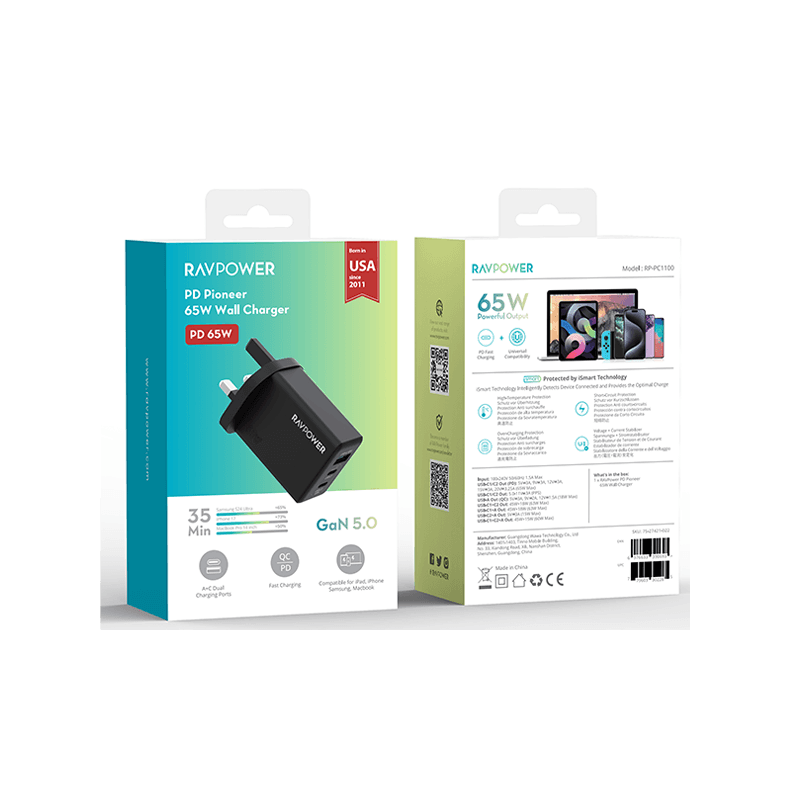 RavPower 2-Port USB-C and 1-Port USB-A PD 65W GaN Wall Charger - Black