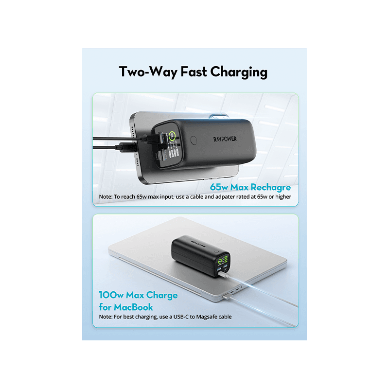 RavPower  2-Port USB-C and 2-Port USB-A PD 100W 20000mAh Digital Display Power Bank - Black