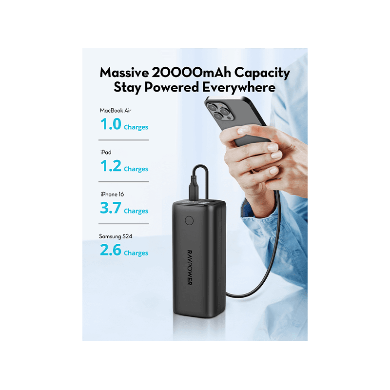 RavPower  2-Port USB-C and 2-Port USB-A PD 100W 20000mAh Digital Display Power Bank - Black