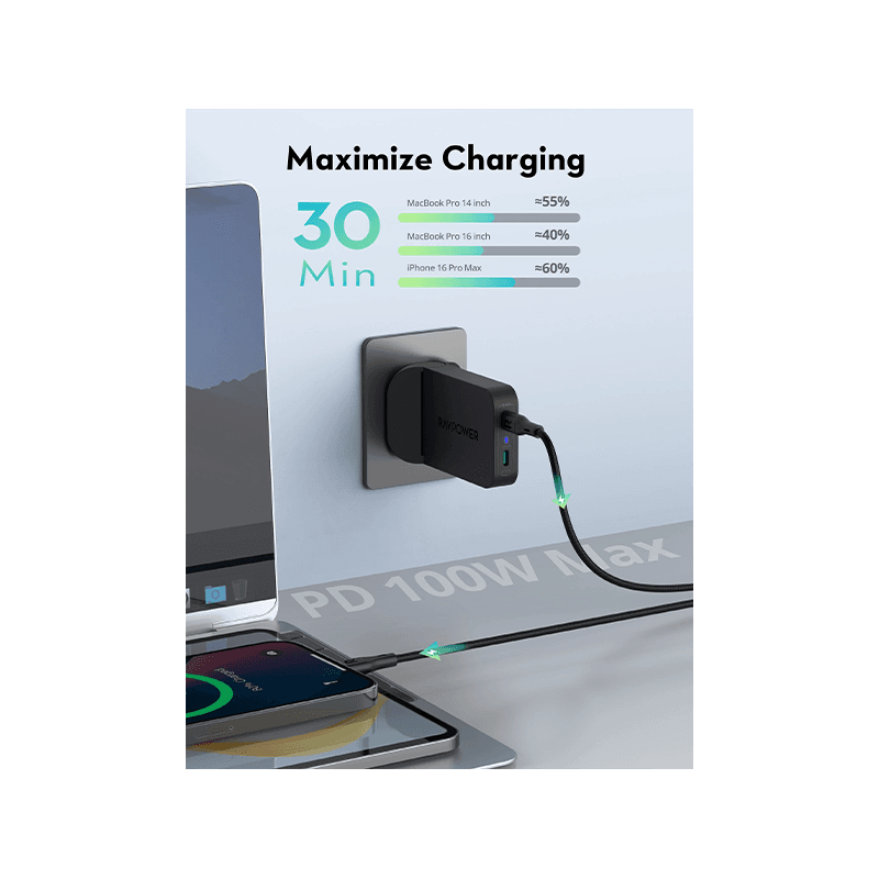 RavPower 2-Port USB-C PD 100W GaN Wall Charger - Black