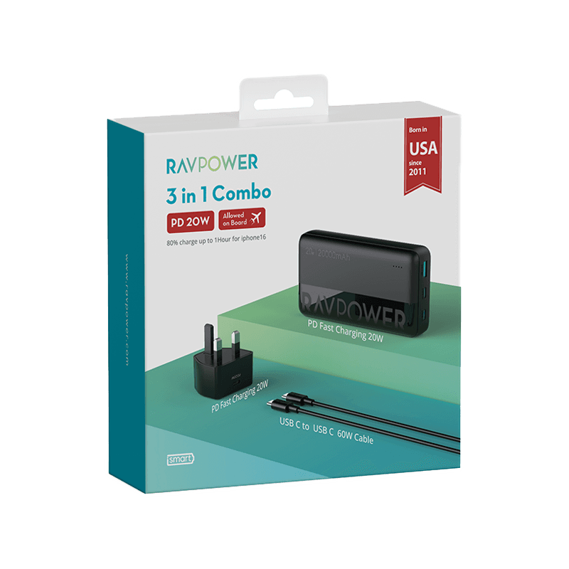 RavPower 3 In 1 Combo (USB-C Wall Charger + USB-C to USB-C Cable + 20000mAh Power Bank)
