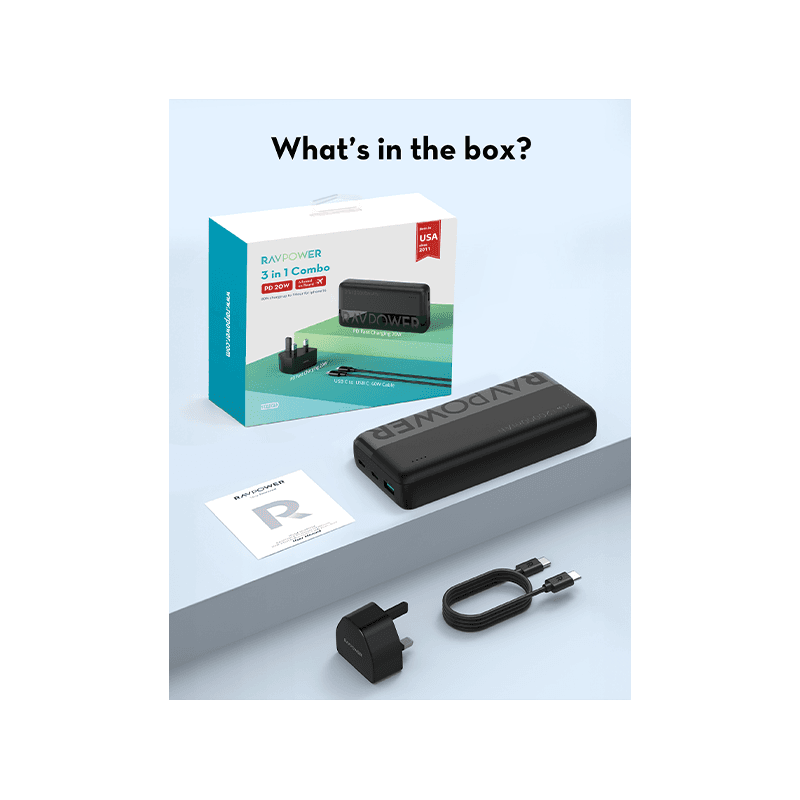 RavPower 3 In 1 Combo (USB-C Wall Charger + USB-C to USB-C Cable + 20000mAh Power Bank)