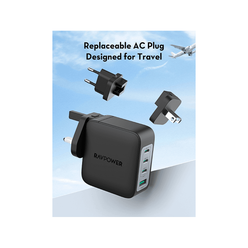 RavPower 3-Port USB-C and 1-Port USB-A PD140W Wall Charger - Black