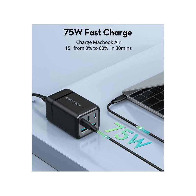 RavPower 3-Port USB-C and 2-Port USB-A 1 AC Socket 75W Desk Charger - Black