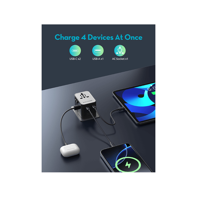 RavPower 4-in-1 3-Port PD GaN 25W Travel Adapter - Black