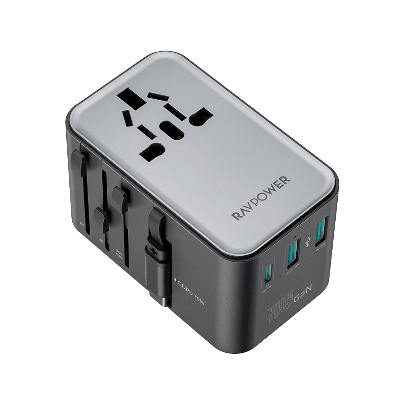 RavPower 5-in-1 3-Port PD GaN 70W Travel Adapter With USB-C Retractable Cable - Black