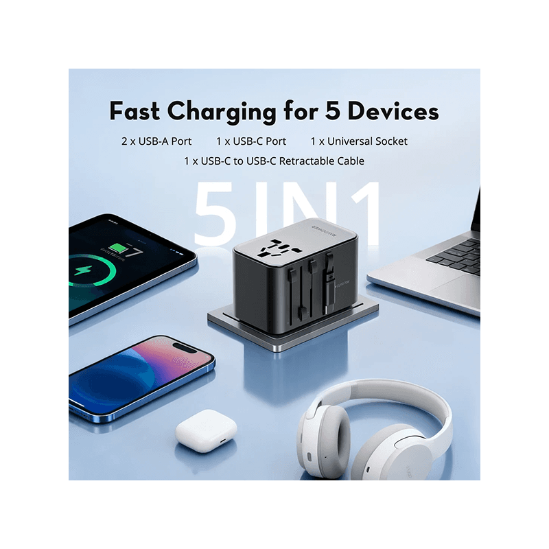 RavPower 5-in-1 3-Port PD GaN 70W Travel Adapter With USB-C Retractable Cable - Black