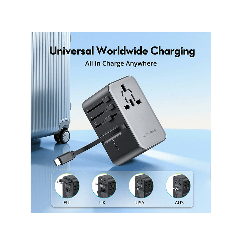 RavPower 5-in-1 3-Port PD GaN 70W Travel Adapter With USB-C Retractable Cable - Black