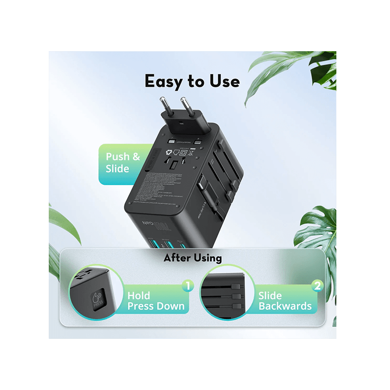 RavPower 5-in-1 3-Port PD GaN 70W Travel Adapter With USB-C Retractable Cable - Black
