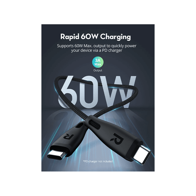 RavPower 60W USB-C to USB-C Cable 1.2M - Black