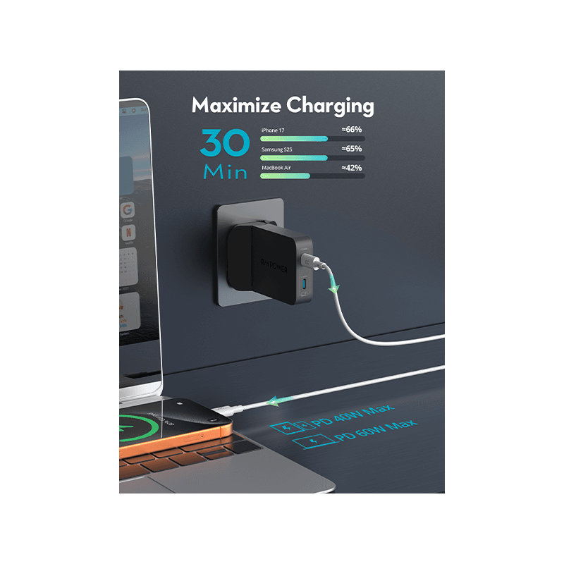 RavPower PD 60W USB-C Wall Charger - Black