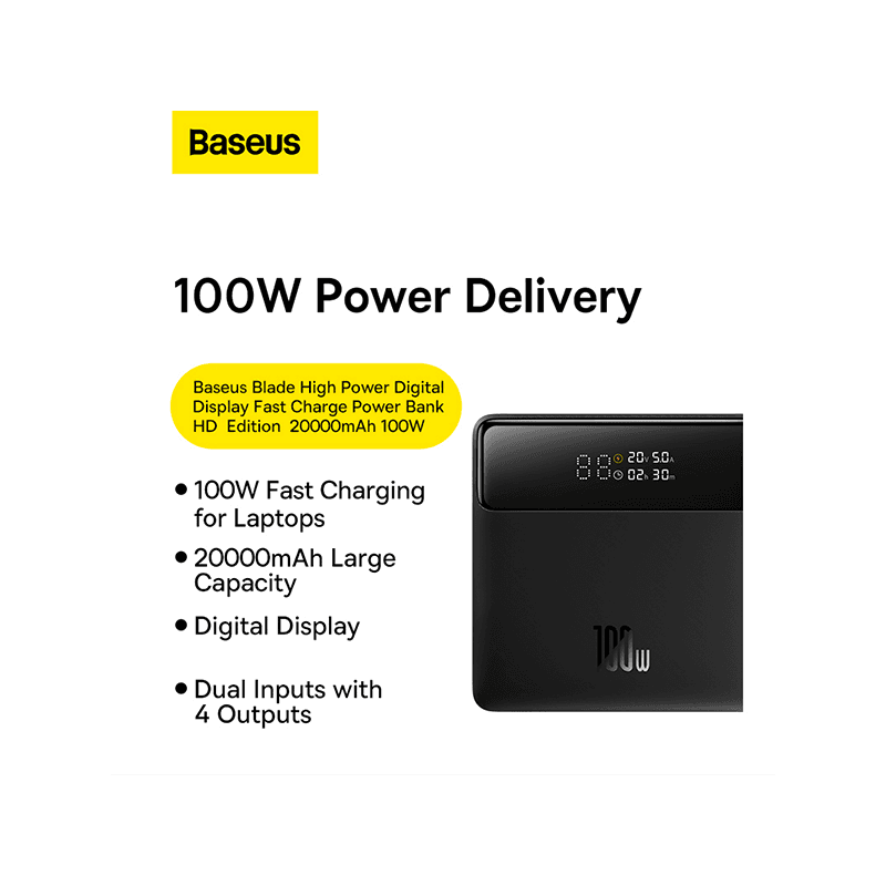 Baseus Blade Power Digital Display HD Edition 100W PD 20000 mAh Power Bank - Black