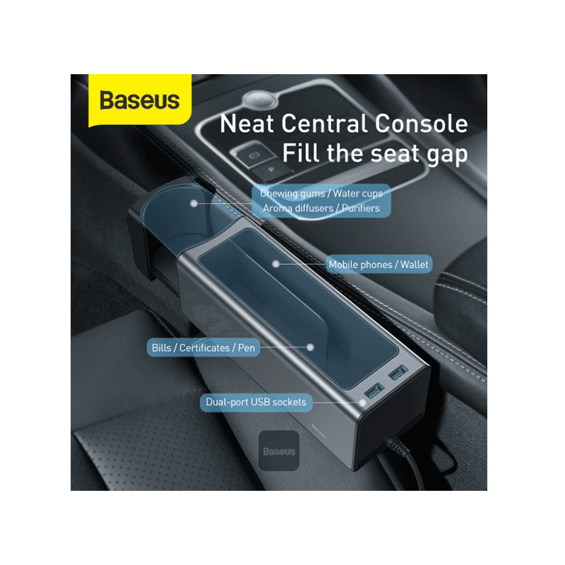Baseus Delux Metal Armrest Console Organizer With Dual USB-A Car Charger - Black