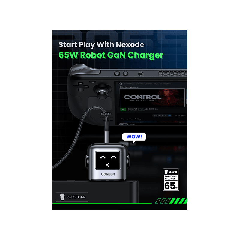 Ugreen Nexode 2-Port USB-C and 1-Port USB-A 65W GaN Wall Charger With LED Display - Grey