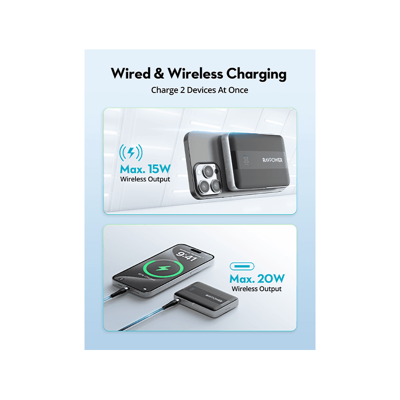 RavPower 10000mAh PD 15W Wireless Power Bank - Black