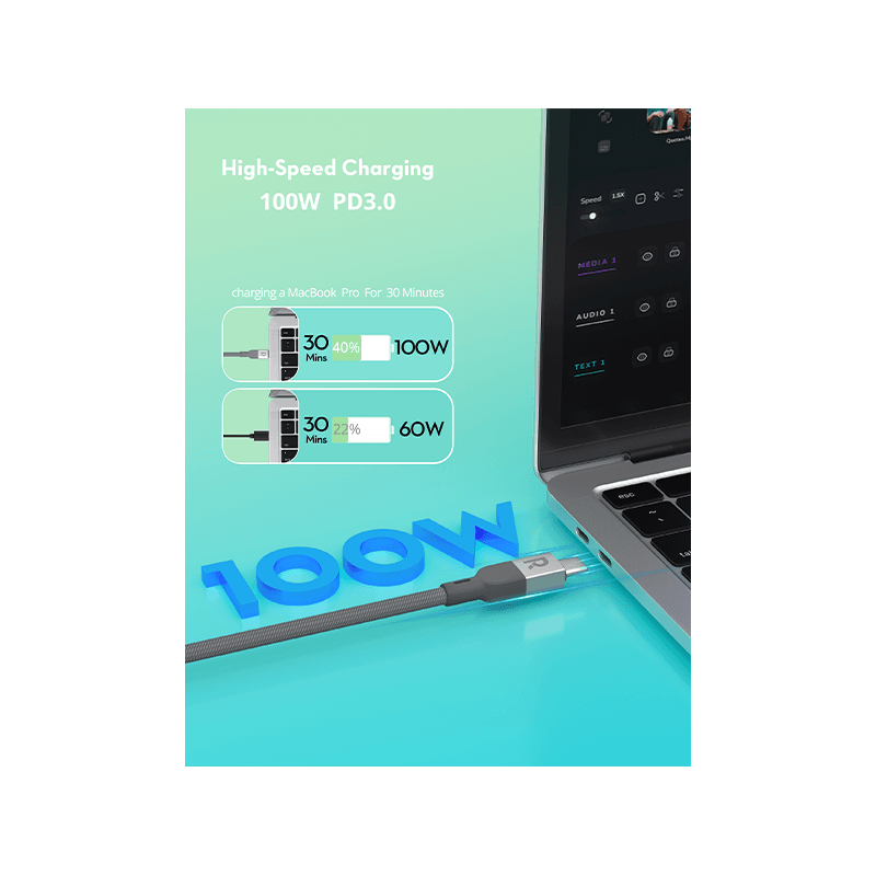 RavPower 100W USB-C to USB-C Mag Wire & Nylon Cable 1.2m - Grey