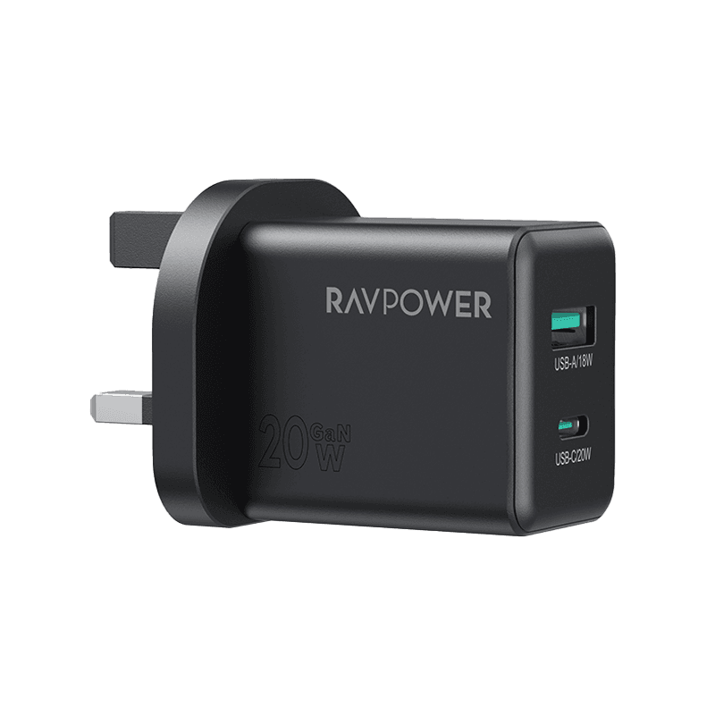 RavPower 1-Port USB-C and 1-Port USB-A PD 20W GaN Wall Charger - Black