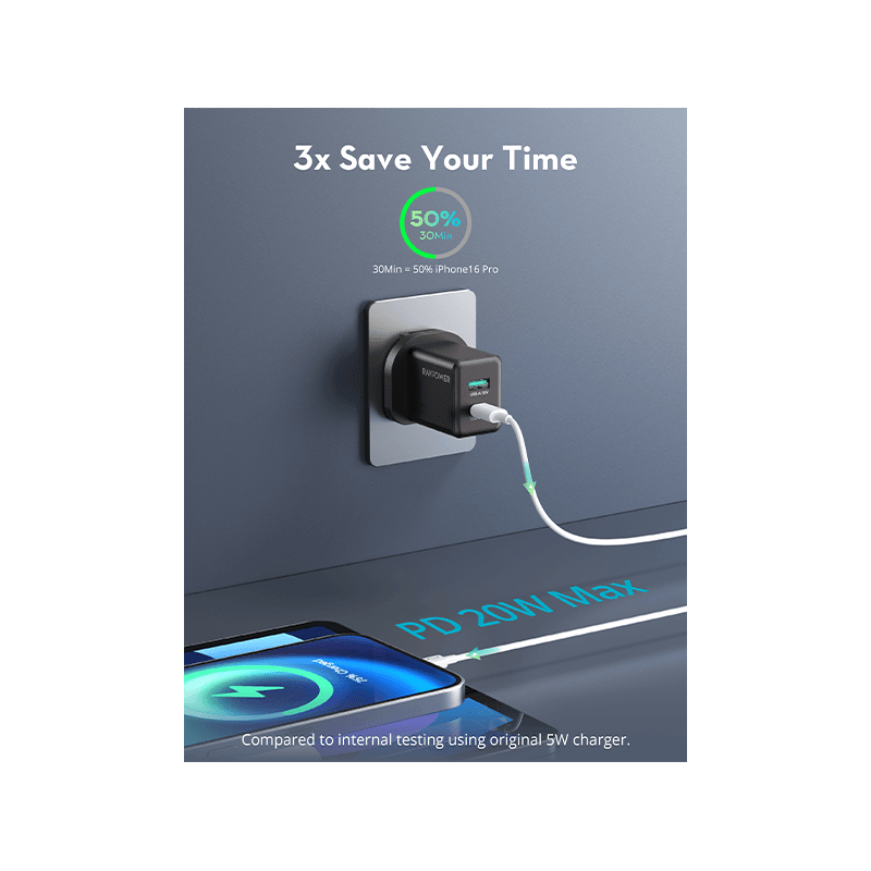 RavPower 1-Port USB-C and 1-Port USB-A PD 20W GaN Wall Charger - Black