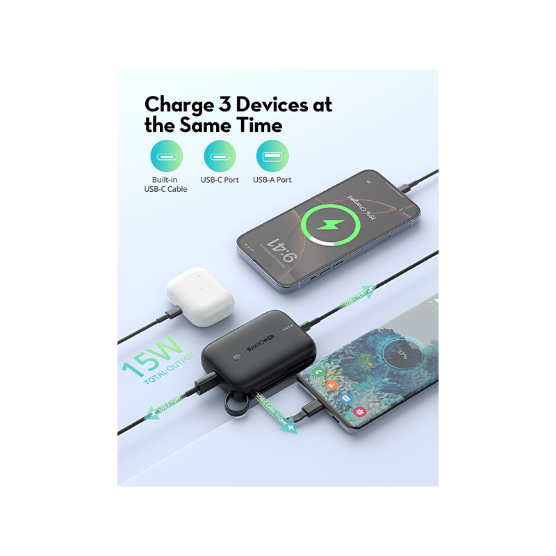 RavPower 3-Port PD 20W 10000 mAh Power Bank - Black