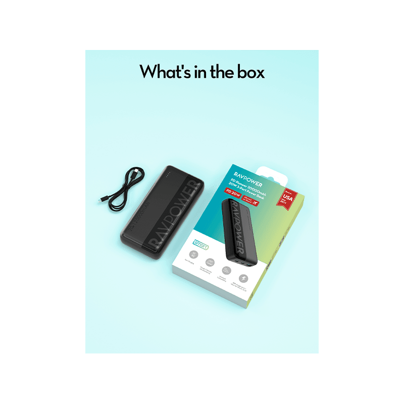 RavPower 3-Port PD 20W 20000 mAh Power Bank - Black