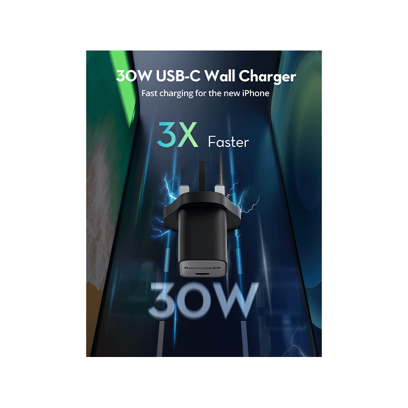 RavPower USB-C PD 30W GaN Wall Charger - Black