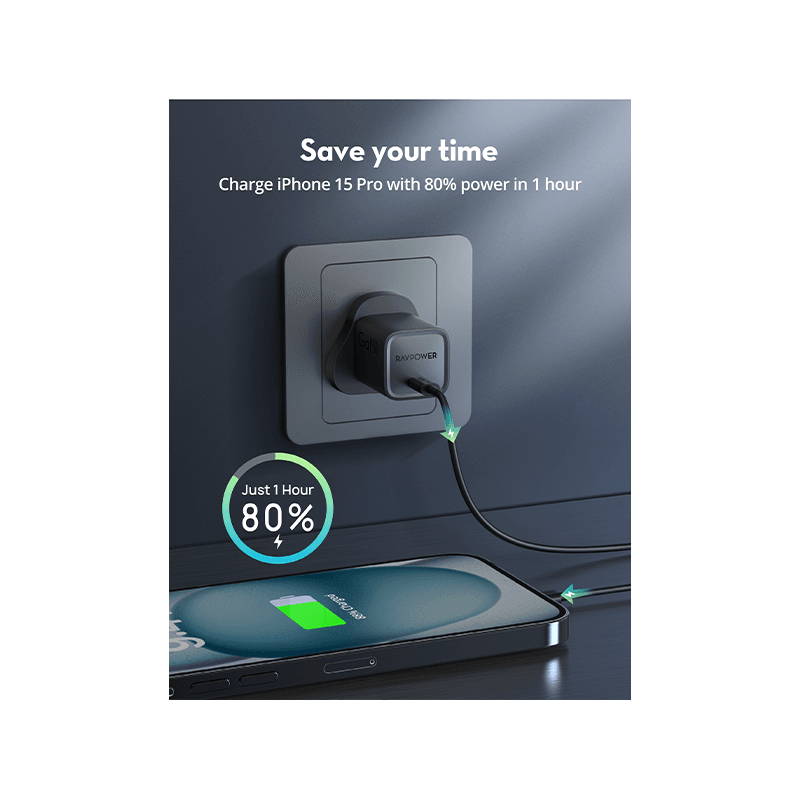 RavPower USB-C PD 30W GaN Wall Charger - Black